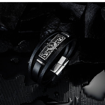 Bratara piele neagra cu placuta Nautical [2]