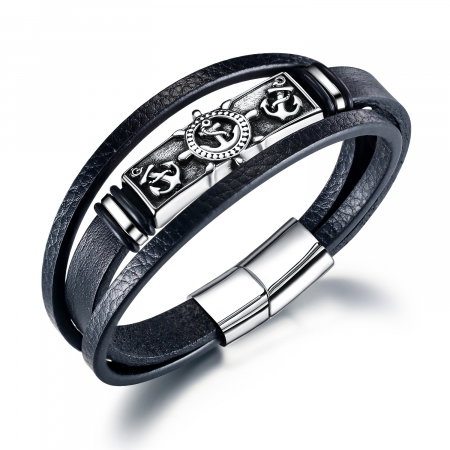 Bratara piele neagra cu placuta Nautical [3]