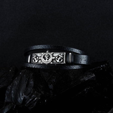 Bratara piele neagra cu placuta Nautical [7]