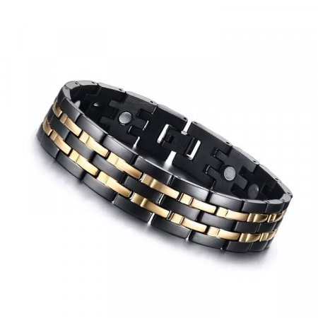Bratara inox neagra cu dungi aurii si magneti [2]