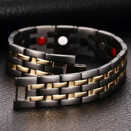 Bratara inox neagra cu dungi aurii si magneti [3]