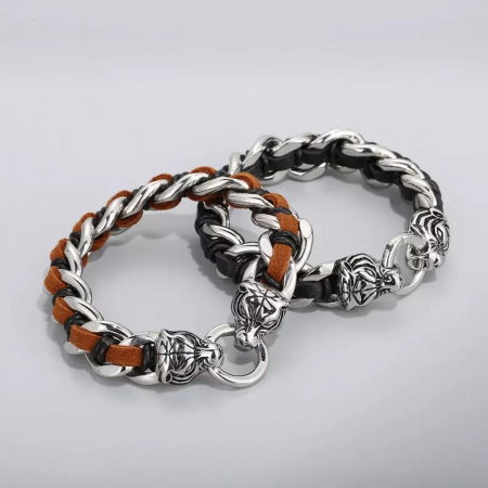 Bratara inox cu piele neagra si capete de Tigru [2]