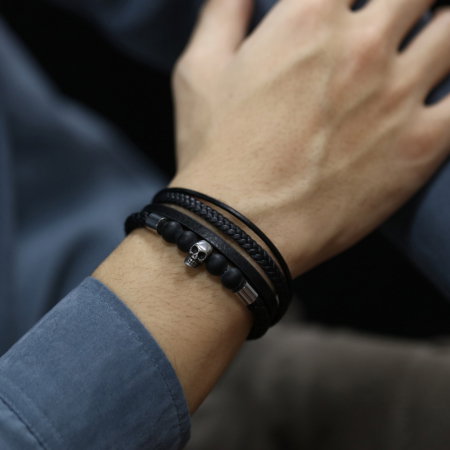 Bratara inox, piele, craniu si bazalt [14]