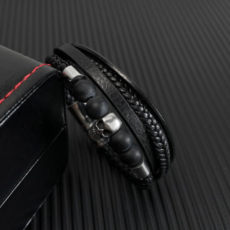 Bratara inox, piele, craniu si bazalt [1]