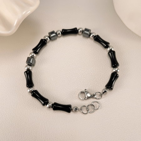 Bratara inox reglabila Bambus Negru cu Onix si Hematite [11]