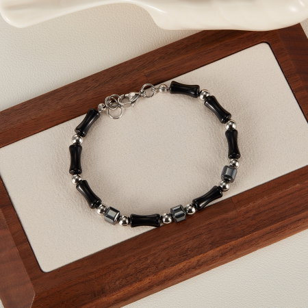 Bratara inox reglabila Bambus Negru cu Onix si Hematite [9]