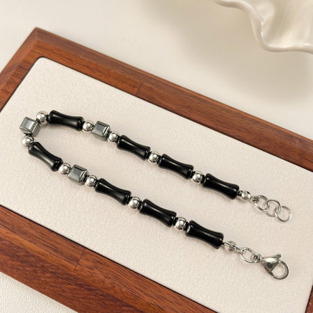 Bratara inox reglabila Bambus Negru cu Onix si Hematite [4]