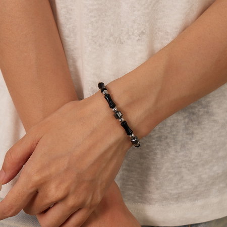 Bratara inox reglabila Bambus Negru cu Onix si Hematite [10]