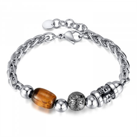 Bratara inox reglabila cu ochi de tigru si cranii