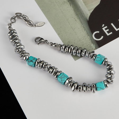 Bratara inox reglabila Unisex cu Hematit si Turcoaz [2]