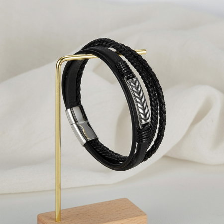 Bratara inox si piele impletita cu placuta spic [2]