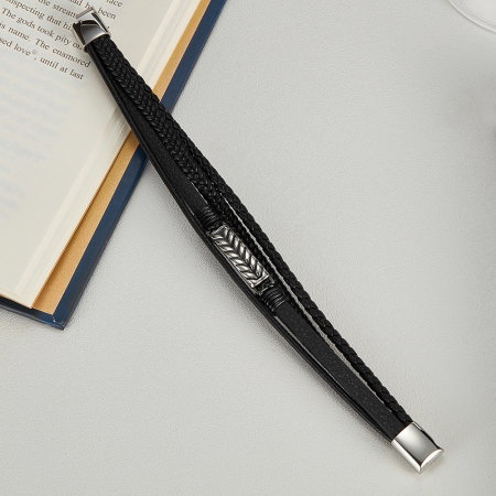 Bratara inox si piele impletita cu placuta spic [9]