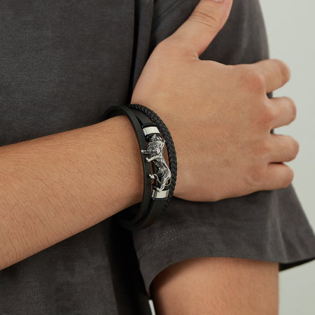 Bratara Leu din inox si piele impletita [13]