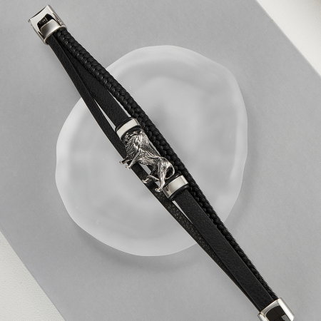 Bratara Leu din inox si piele impletita [7]