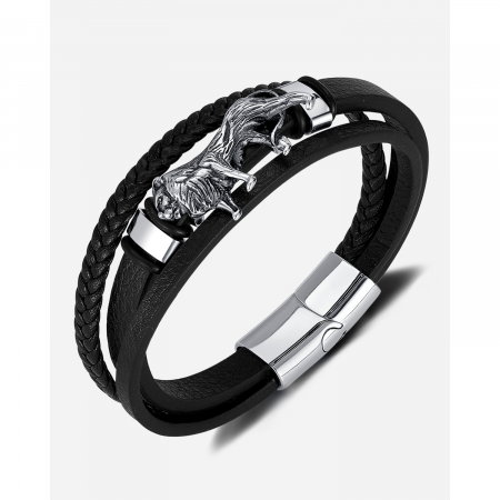 Bratara Leu din inox si piele impletita [14]