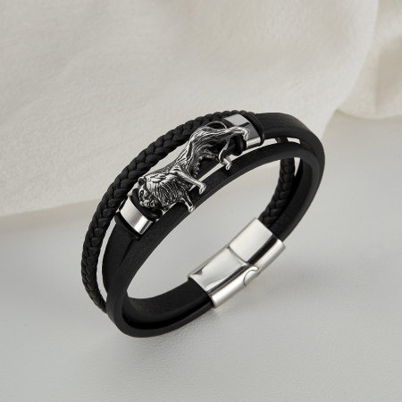 Bratara Leu din inox si piele impletita [11]