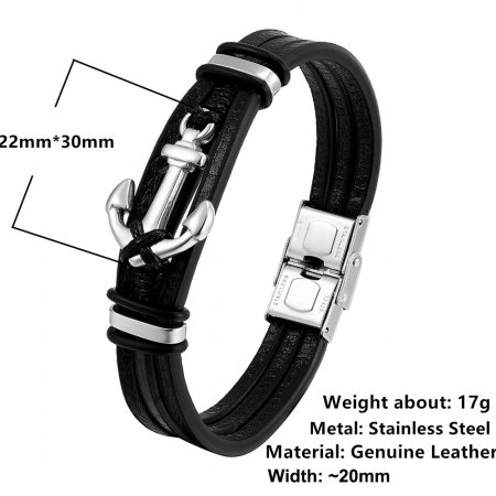 Bratara neagra din piele naturala cu ancora si inchizatoare din inox negru [4]