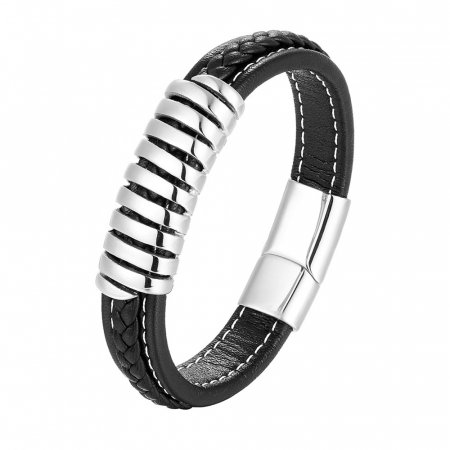 Bratara neagra din piele naturala cu element si inchizatoare din inox