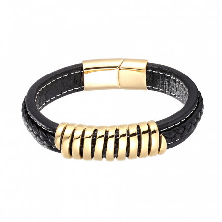Bratara neagra din piele naturala cu element si inchizatoare din inox auriu [2]