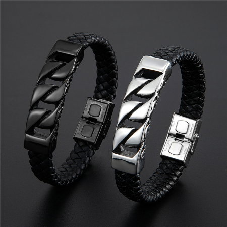Bratara neagra din piele naturala cu element si inchizatoare din inox negru [1]