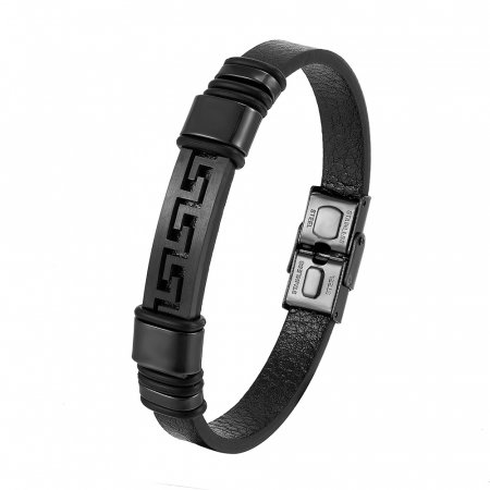 Bratara neagra din piele naturala cu placuta inox negru [0]