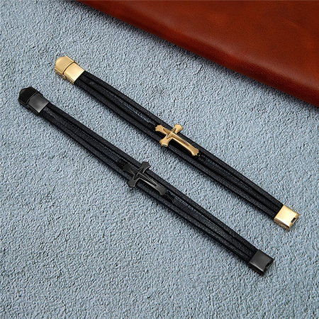 Bratara neagra din piele naturala cu cruce inox negru [1]