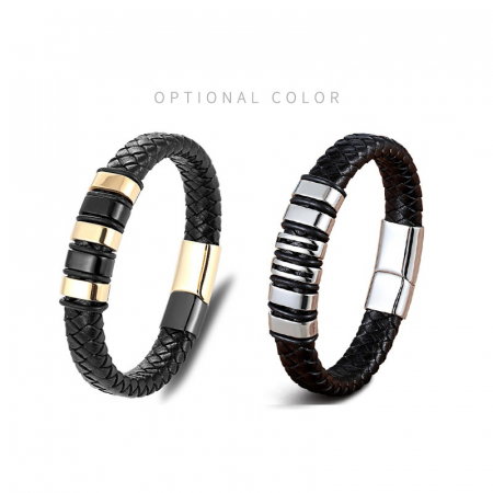 Bratara neagra din piele naturala si inox auriu [8]