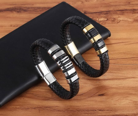 Bratara neagra din piele naturala si inox [3]