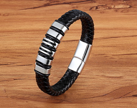 Bratara neagra din piele naturala si inox [2]