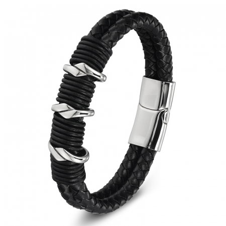 Bratara neagra din piele naturala si inox