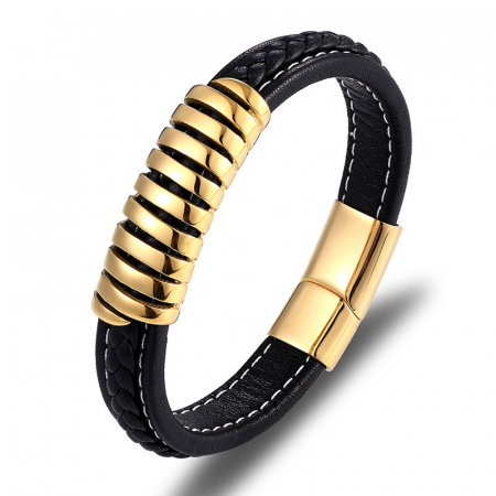 Bratara neagra din piele naturala si inox auriu
