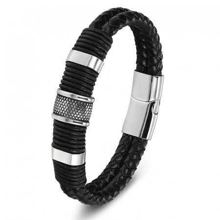 Bratara piele neagra cu detalii din inox – Design masculin si elegant