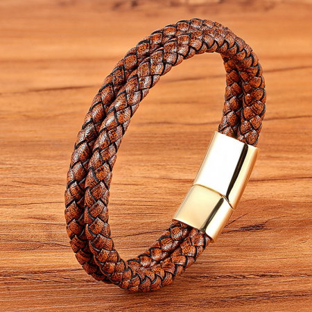 Bratara dubla maron deschis din piele naturala si inox [1]