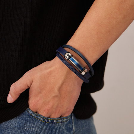 Bratara piele bleumarin si placuta inox cu insertie albastra – Eleganta moderna si rafinament masculin [5]