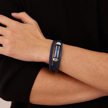 Bratara piele bleumarin si placuta inox cu insertie albastra – Eleganta moderna si rafinament masculin [1]