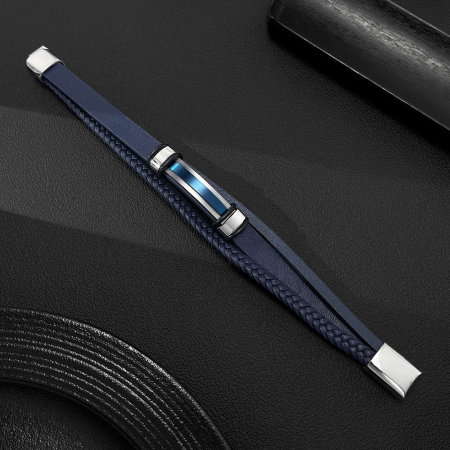 Bratara piele bleumarin si placuta inox cu insertie albastra – Eleganta moderna si rafinament masculin [2]