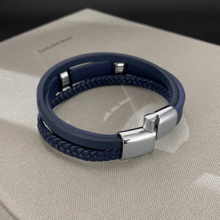 Bratara piele bleumarin si placuta inox cu insertie albastra – Eleganta moderna si rafinament masculin [8]