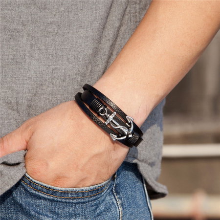 Bratara piele naturala cu ancora si inchizatoare din inox [2]