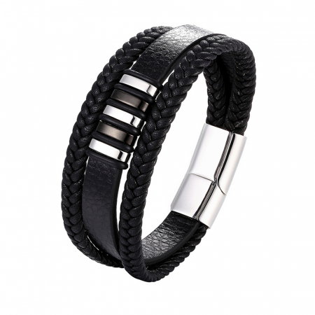 Bratara piele naturala cu elemente si inchizatoare argintii din inox