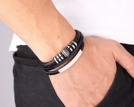 Bratara piele naturala neagra cu elemente si inchizatoare din inox [4]