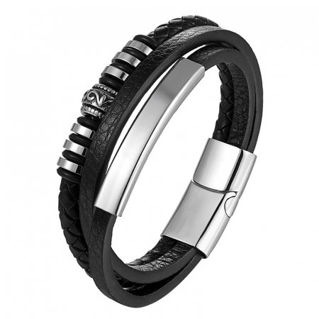 Bratara piele naturala neagra cu elemente si inchizatoare din inox