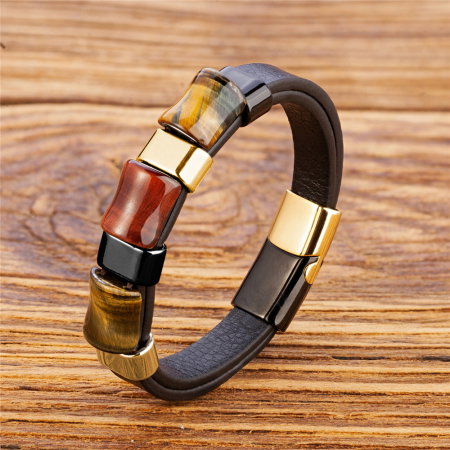 Bratara piele naturala cu Ochi de Tigru si elemente si inchizatoare din inox auriu/negru [1]