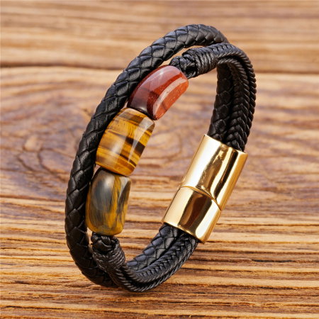 Bratara piele naturala cu Ochi de Tigru si inchizatoare din inox auriu [1]