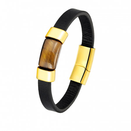Bratara piele naturala cu Ochi de Tigru si inchizatoare din inox auriu