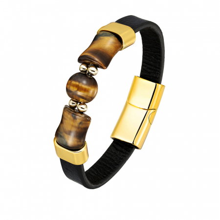 Bratara piele naturala cu Ochi de Tigru si inchizatoare din inox auriu