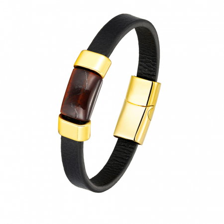 Bratara piele naturala cu Ochi de Tigru si inchizatoare din inox auriu