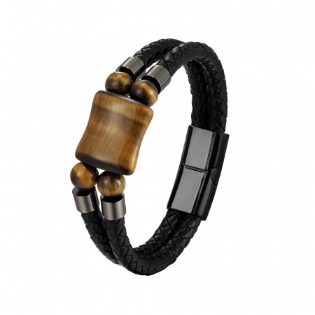 Bratara piele naturala cu Ochi de Tigru si inchizatoare din inox negru