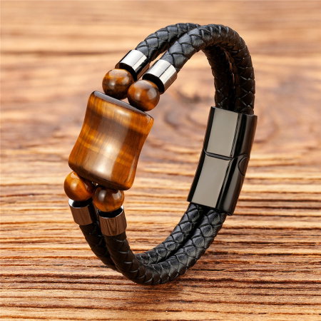 Bratara piele naturala cu Ochi de Tigru si inchizatoare din inox negru [1]