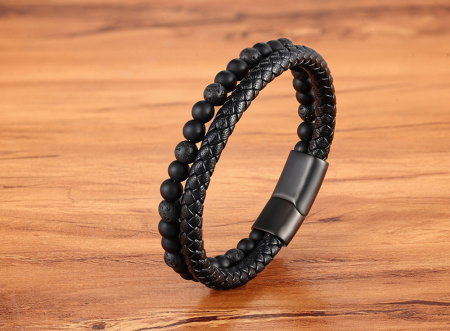 Bratara piele naturala cu lava si inchizatoare din inox negru [4]