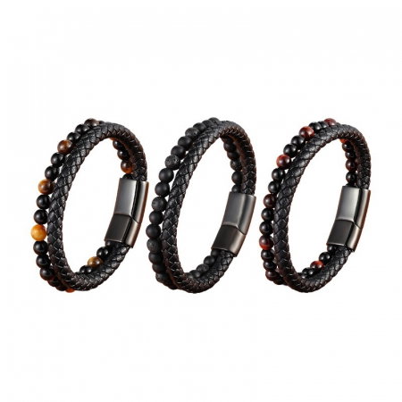 Bratara piele naturala cu lava si inchizatoare din inox negru [2]